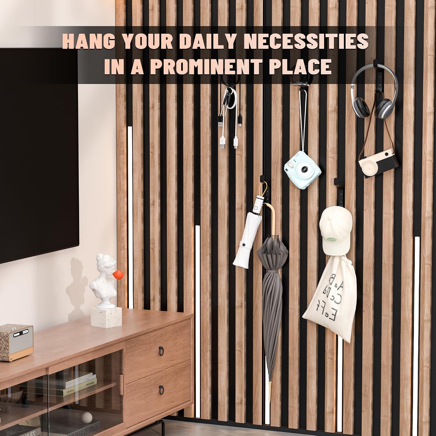 Decorative Wall Hooks Screw in Sound Panel and Wood Slats / Black / 0.5 Inch / Set of 10