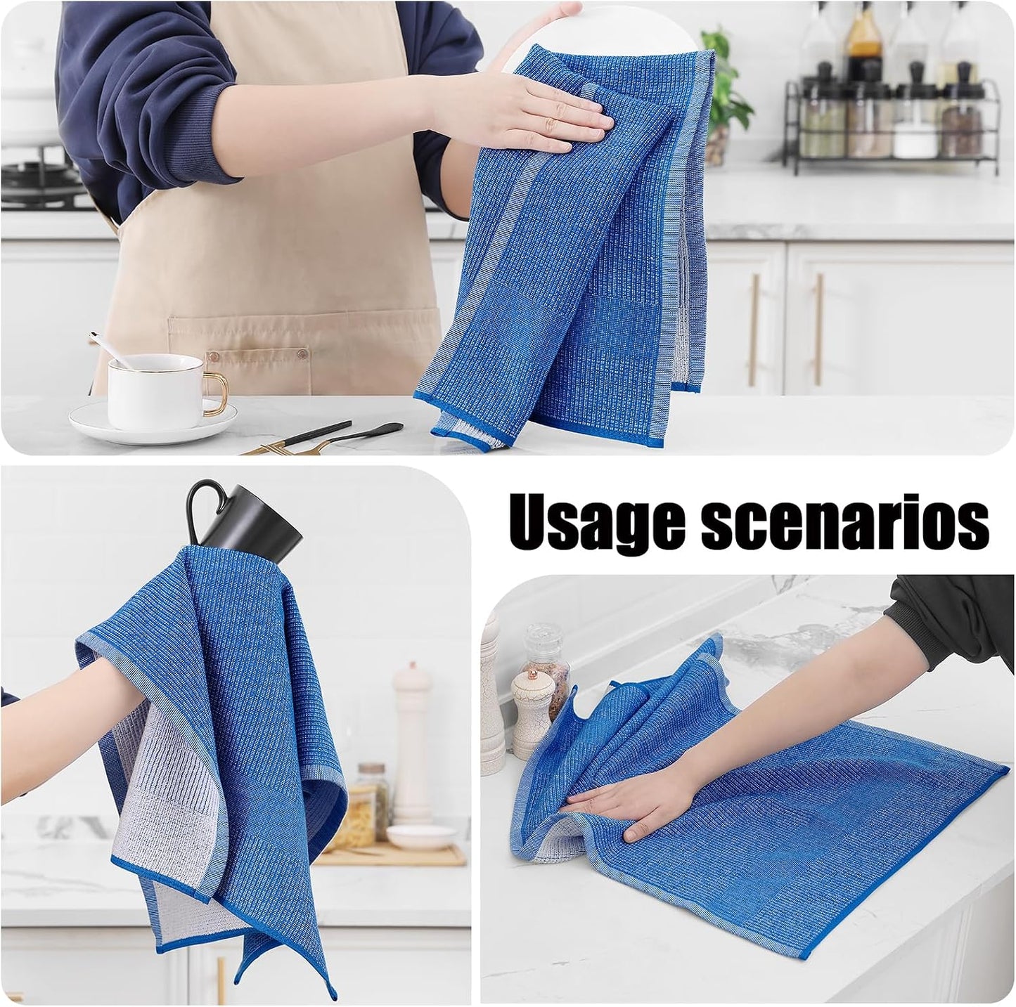 Homaxy 380 GSM Cotton Premium Kitchen Towels 6 Pack, 18"x 28", Blueberry | Flat and Terry Dish Towels, Highly Absorbent
