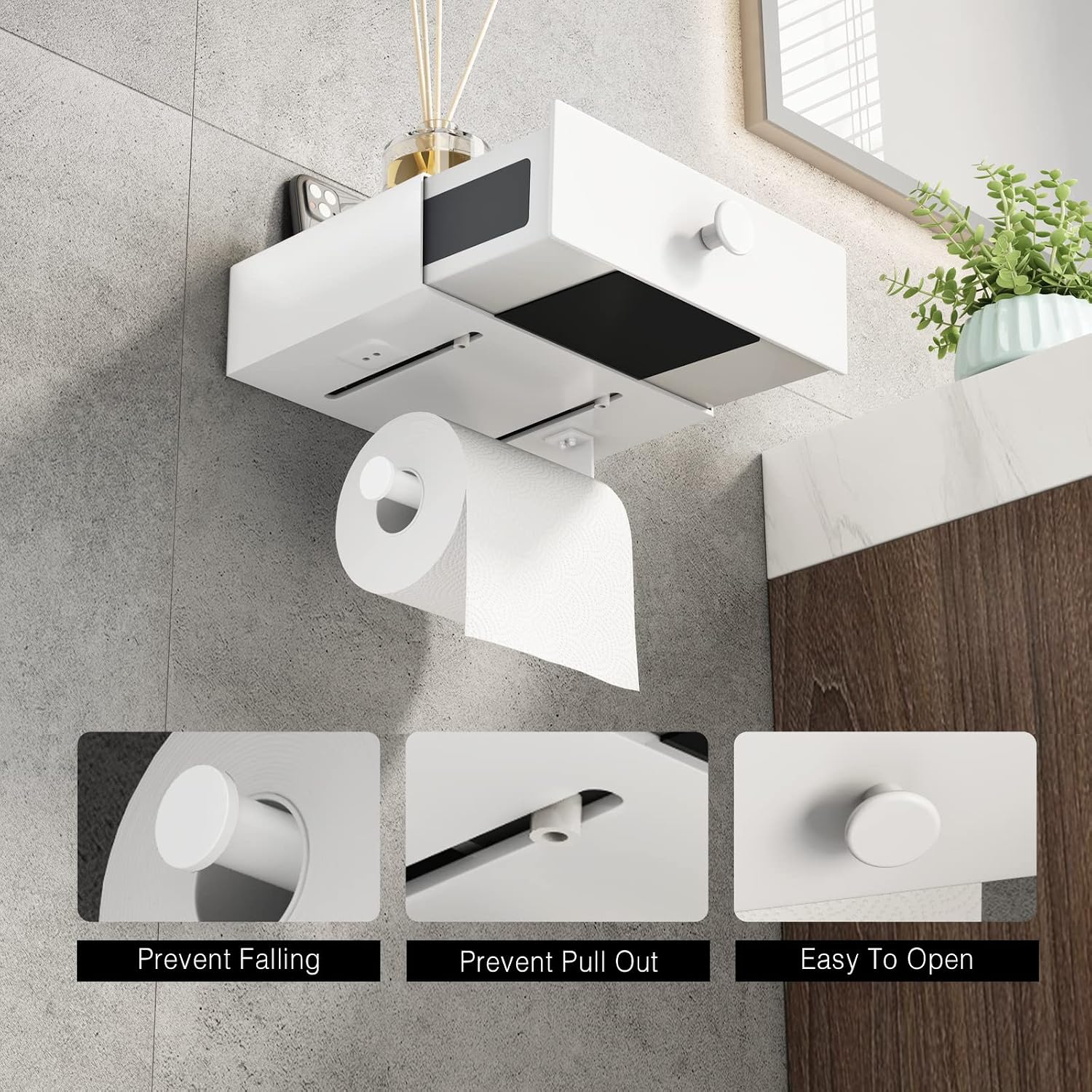 VOLDRA Toilet Paper Holder with Shelf White Wipes Dispenser for Bathroom Toilet Paper Holder with Storage Upgrade