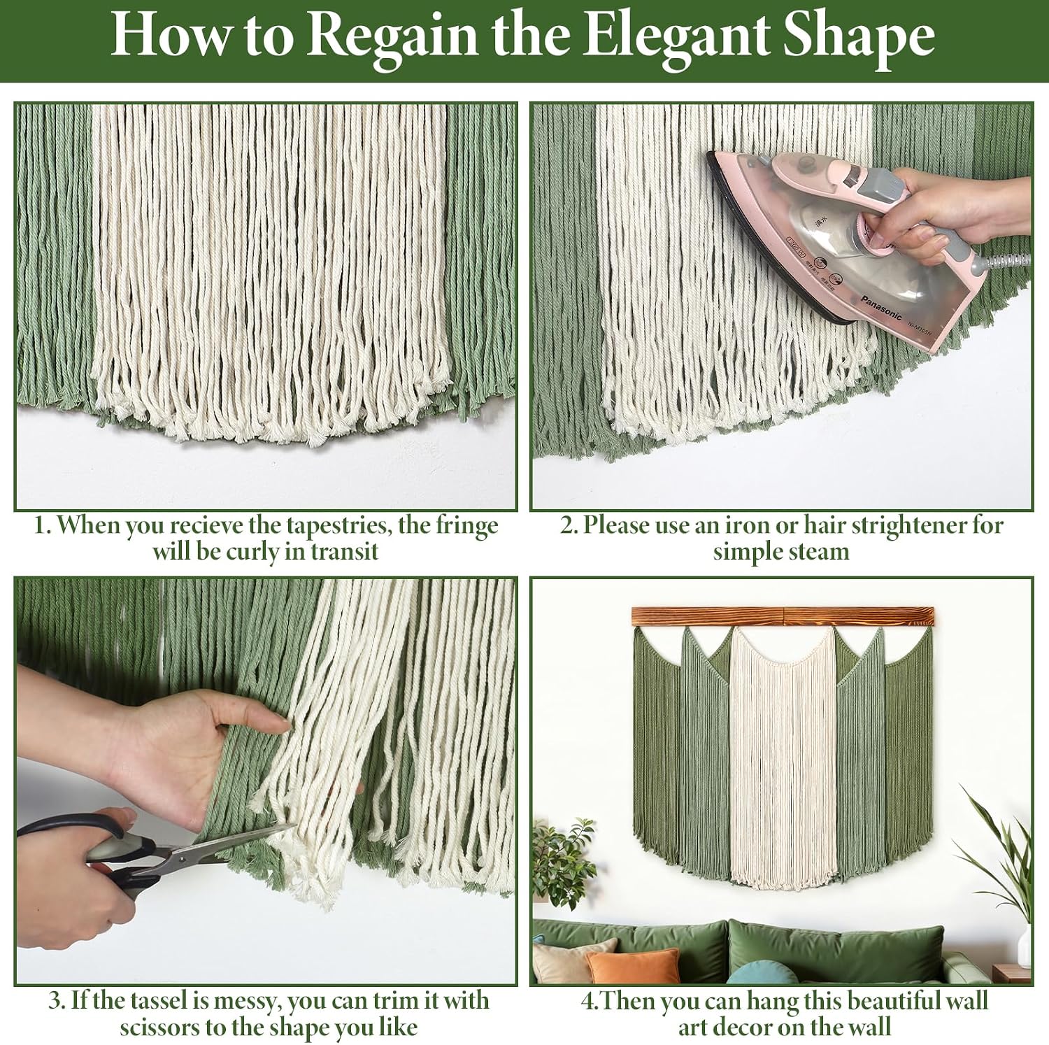 Macrame Wall Hanging Dip-Dyed Large Boho Wall Decor Yarn Tapestry Handmade Sage Woven / Green