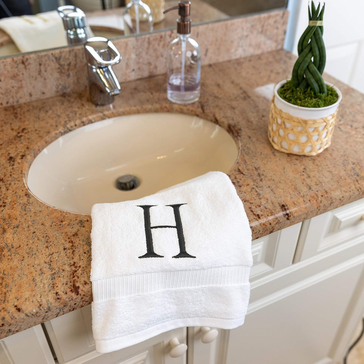 White with Dark Gray Monogrammed Hand Towels for Bathroom Set of 2 Letter H | Luxury Hotel Quality Initial Towels For
