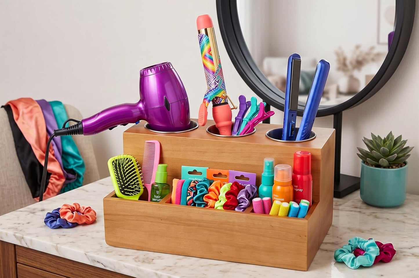 Hair Tools Organizer - Wood Tan - Blow Dryer, Straightener, Curling Wand, Brushes Holder - Vanity & Bathroom Storage