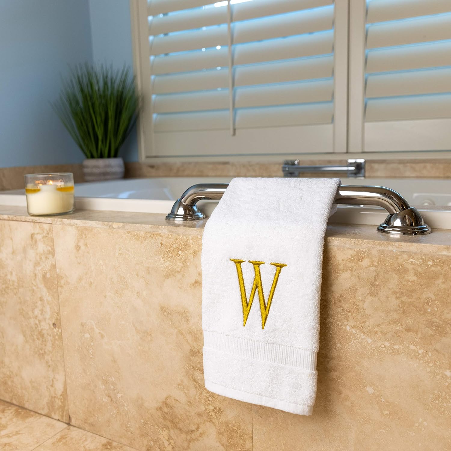 White with Gold Monogrammed Hand Towels for Bathroom - Set of 2 Letter W | Luxury Hotel Quality Initial Towels For