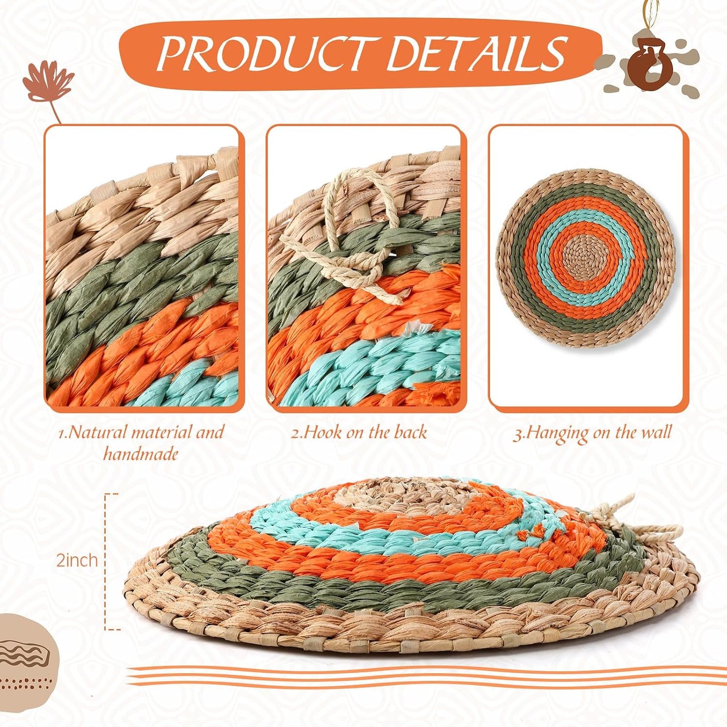 Boho Wall Basket Decor Woven Rattan Seagrass Wall Decor Hanging Rustic / Orange Style / Set of 15