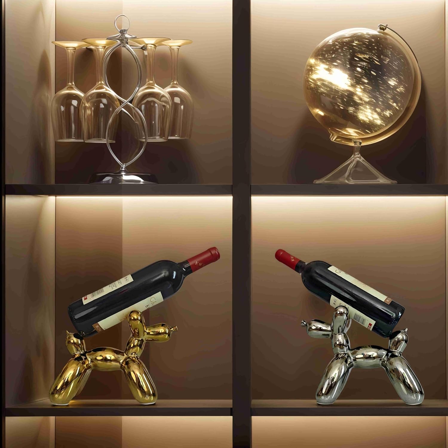 Creative Balloon Dog Wine Bottle Holder Doubles as Standalone Statue Decor / Metallic Chrome Silver