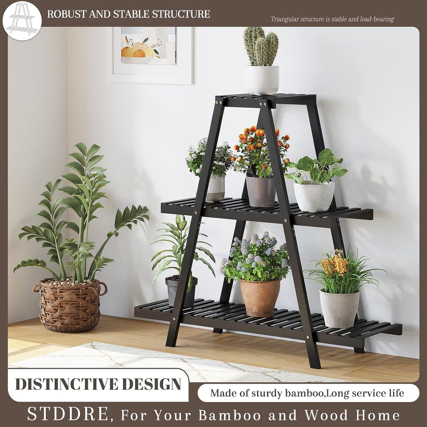 STDDRE Plant Stand For Indoor Outdoor Tiered Plant Shelf 3 Tier 8 Potted Bamboo Flower Holder Ladder Rack For Multiple