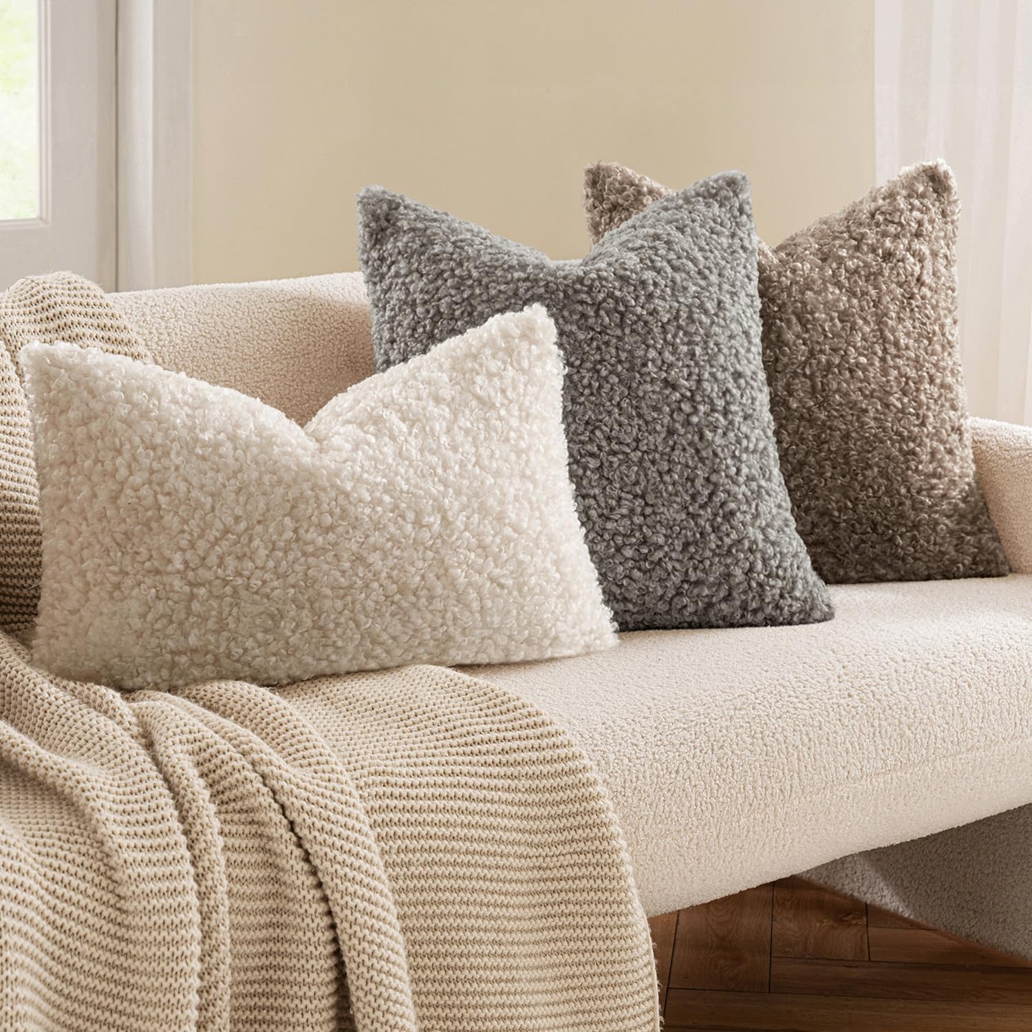 Throw Pillow Covers Neutral Faux Fur Decorative Sherpa Pillow Covers / 18 x 18 / Khaki / Set of 2