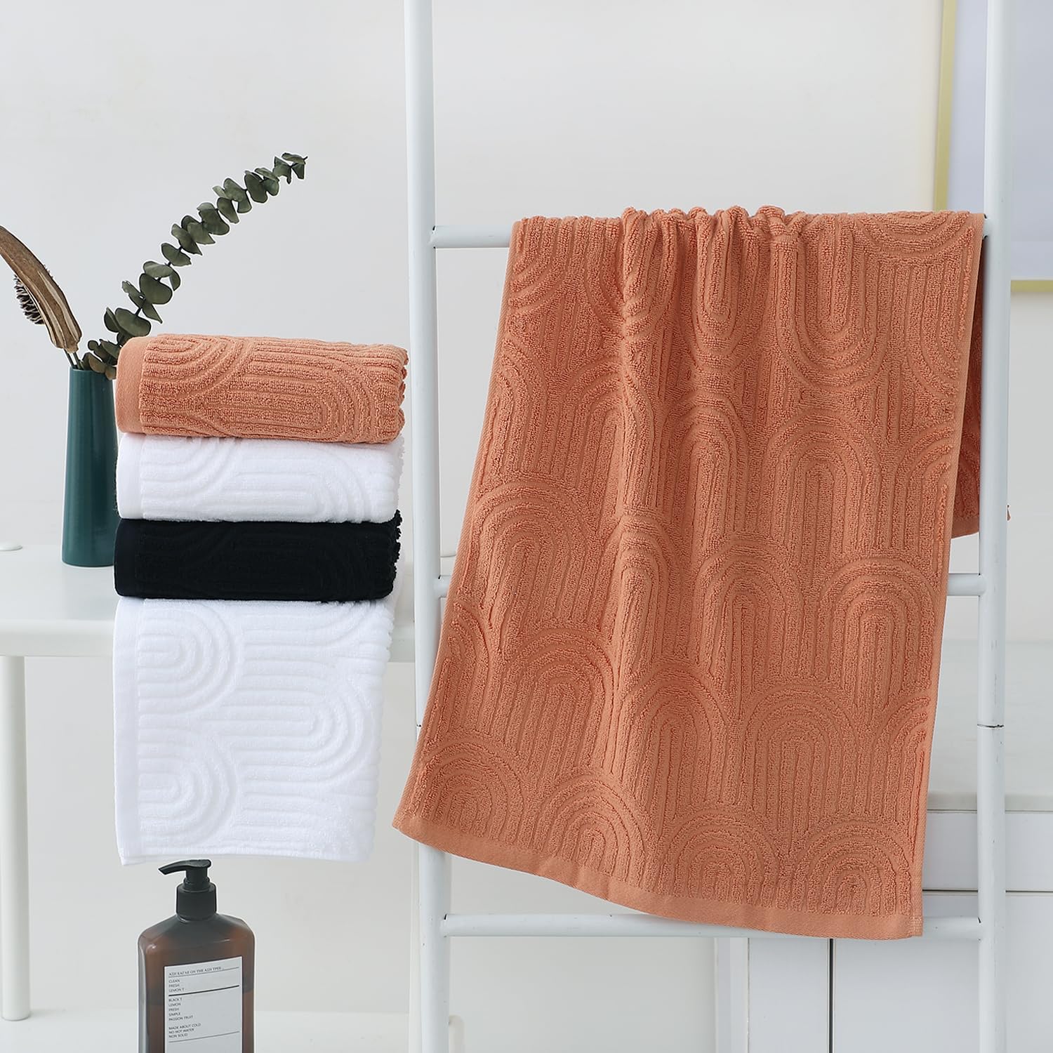 Hand Towels Set of 4 Striped Pattern 100% Cotton Absorbent Soft Decorative Towel for Bathroom (Burnt Orange)