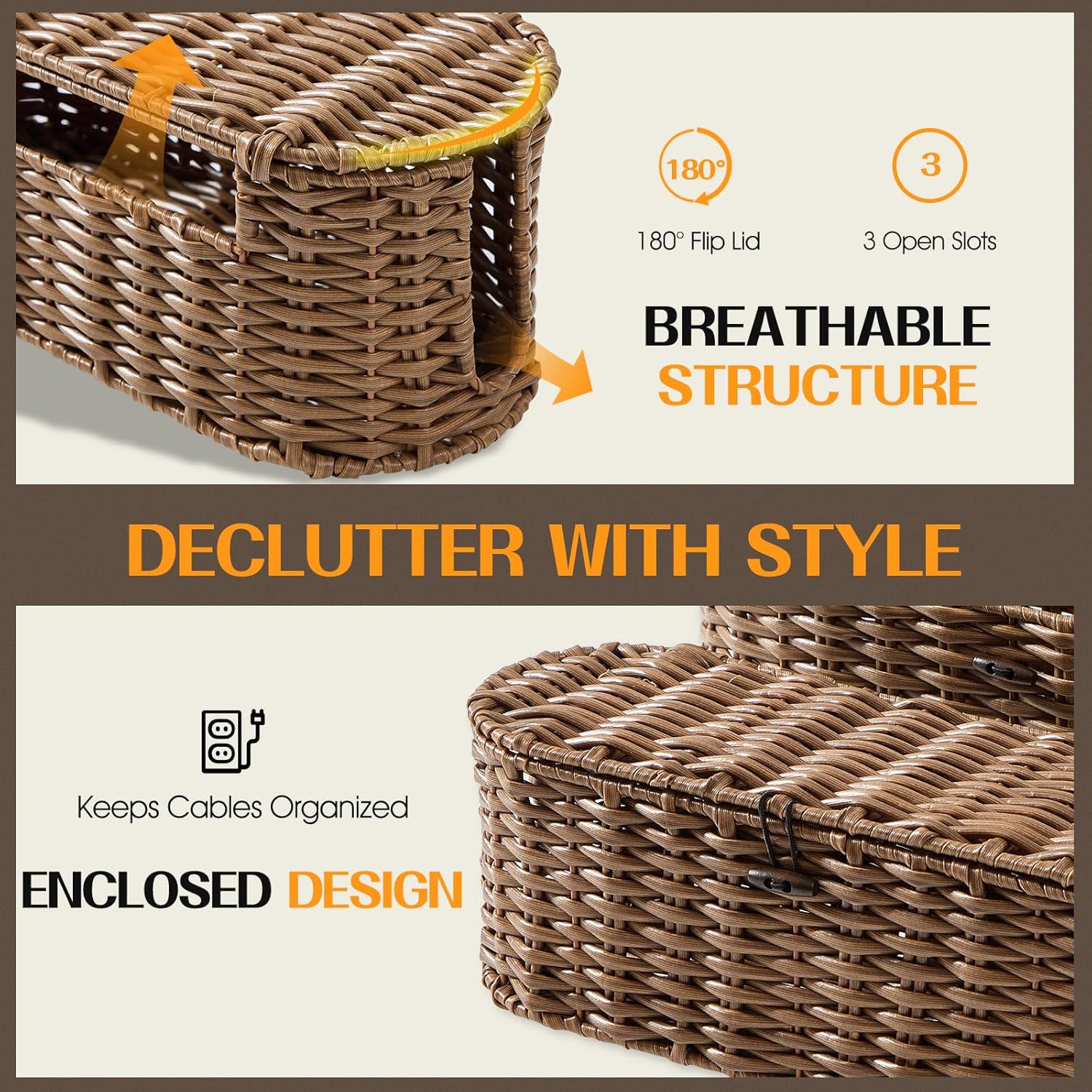 Handwoven Large and Small Cable Organizer Box Cover to Hide Cords and Power / Brown / L+M / Set of 2