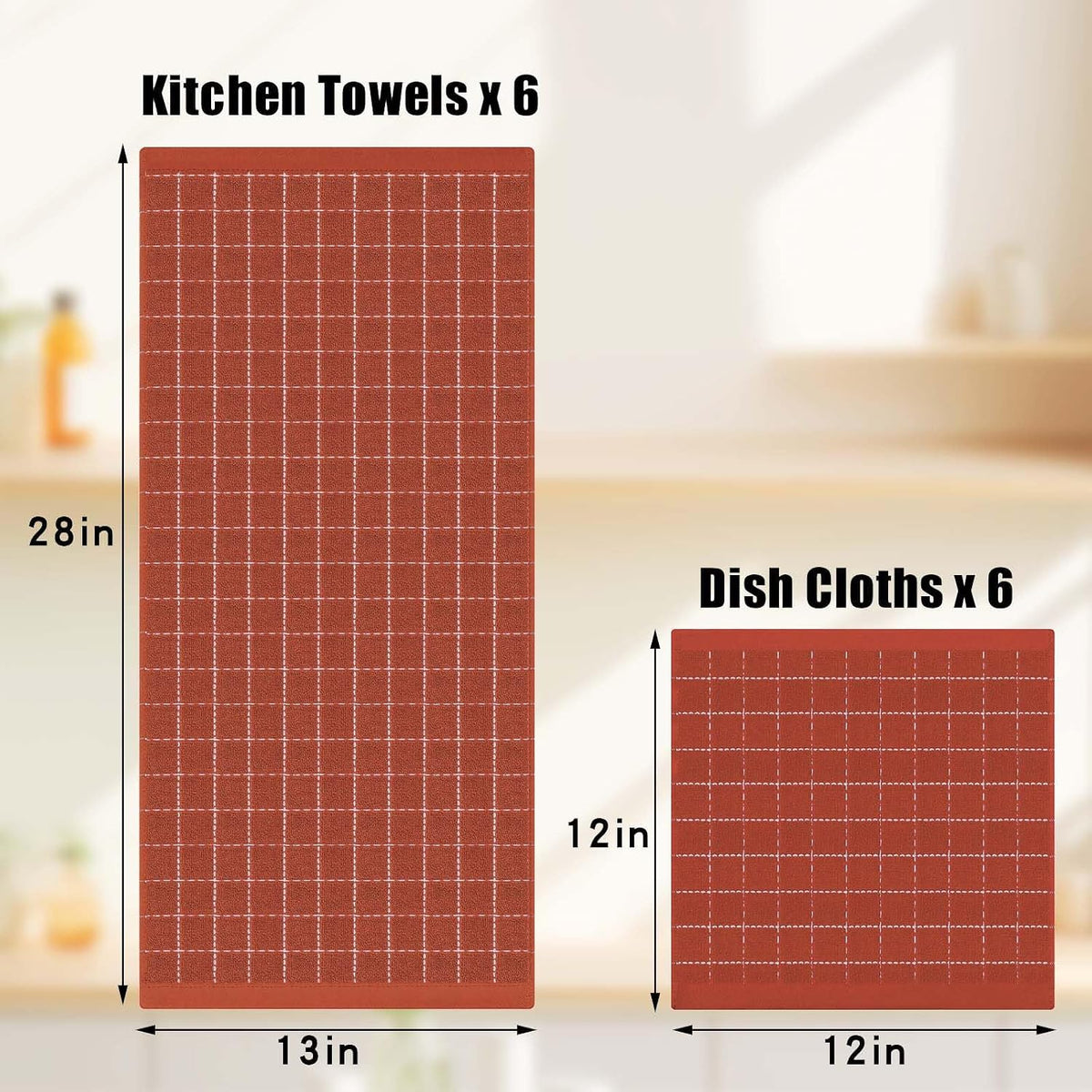 Homaxy Kitchen Towels and Dishcloths Set, Set of 16, Rust | Bulk Cotton Terry Kitchen Towels, Checkered Designed, Soft