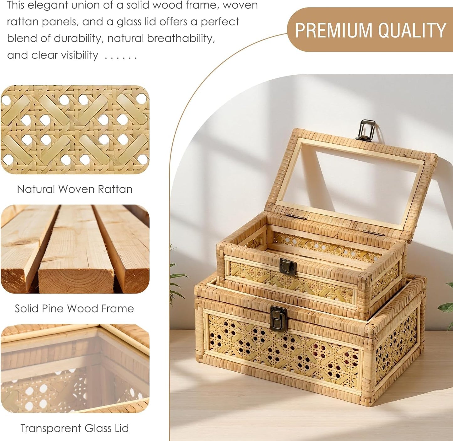 Clear Glass Lid Wooden Frame Handmade Boho Wicker Basket Woven Cane Bin Keepsake / Large / Natural