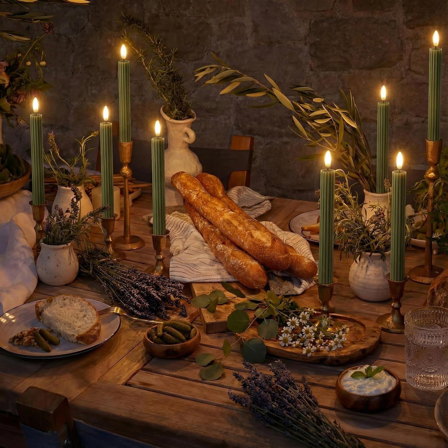 10" Fluted Ribbed LED Sage Olive Loden Green Grooved Real Wax Taper Candles, Remote & 24h Timer Memory, On/Off Switch