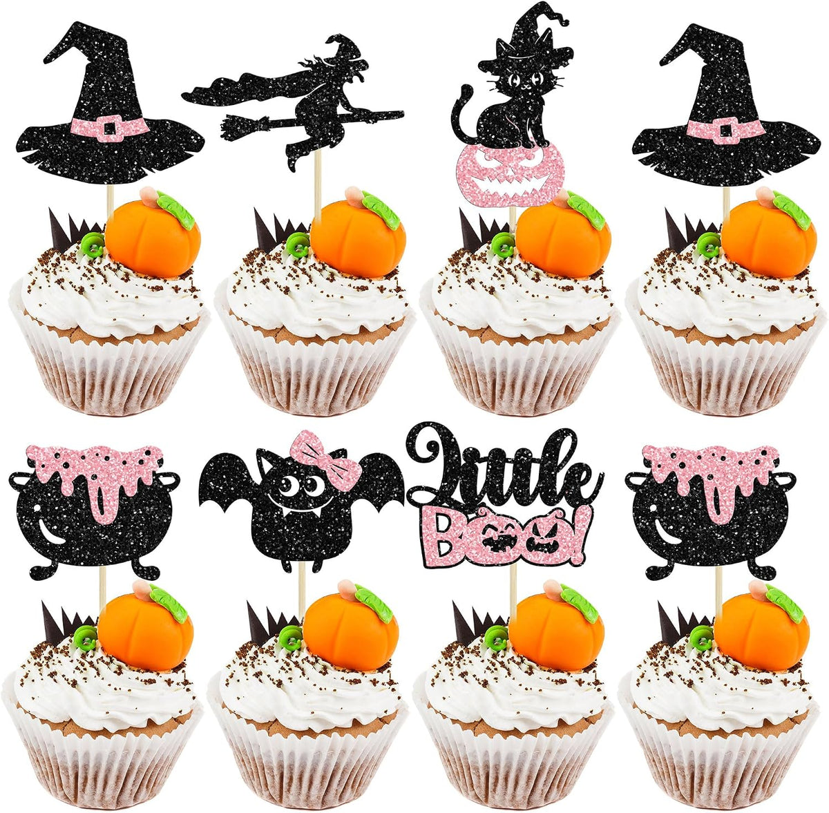Gyufise 24Pcs Halloween Cupcake Toppers Glitter Pink Ghost Little Boo Bat Witch Cat Pumpkin Cupcake for Halloween Theme Baby Shower Birthday Party Cake Decorations Supplies