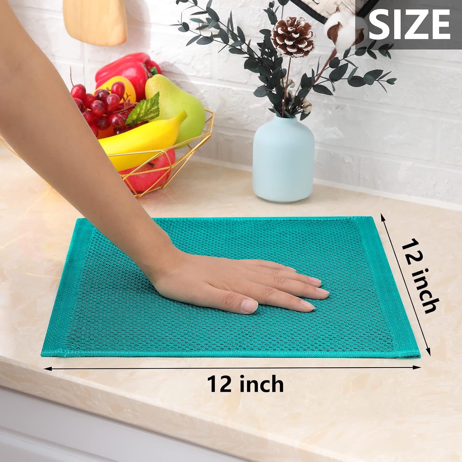 Homaxy 100% Cotton Waffle Weave Kitchen Dish Cloths 12-Pack, Teal | 12 x 12 Inches, Ultra Soft Absorbent Dish Towels