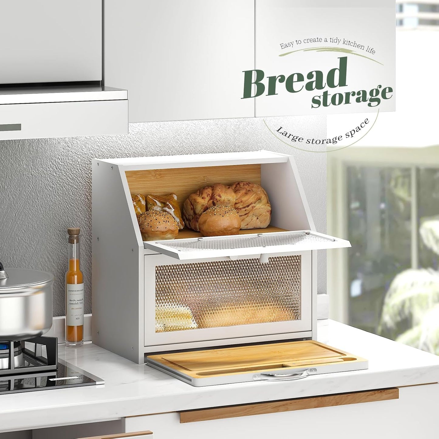 STDDRE Double Layer Bamboo Corner Bread Box with Cutting Board(White) | Extra-large capacity. Double Layer Bread