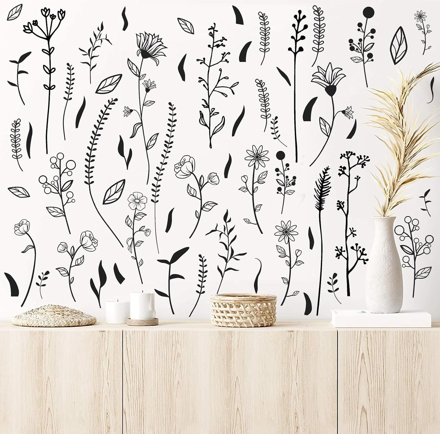 Floral Leaf Wall Decals Wildflower Wall Stickers Bouquet Botanical Plant Leaves Wall / Black