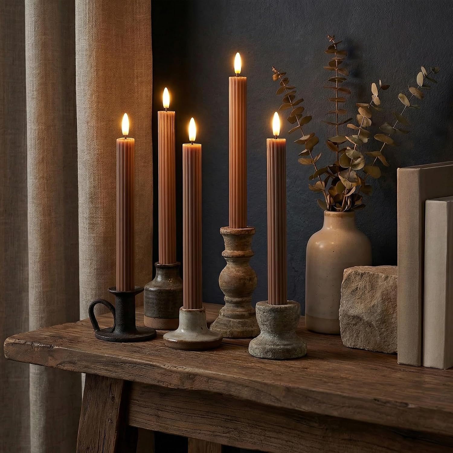10" Fluted Ribbed LED Brown Tan Grooved Real Wax Taper Candles, Remote & 24h Timer Memory, On/Off Switch - Flameless