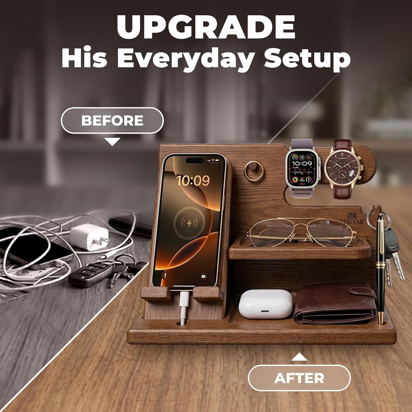 TESLYAR Wood Phone Docking Station for Men - Desk or Nightstand Organizer - Birthday Gifts for Husband or Dad