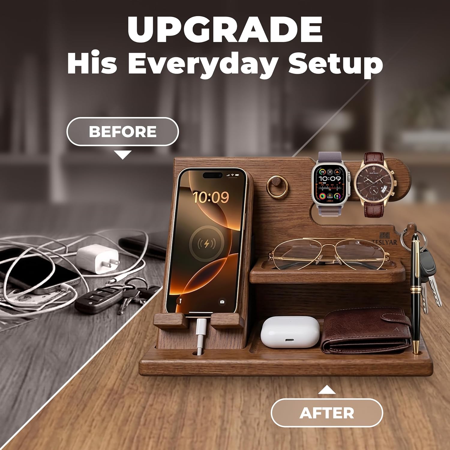 TESLYAR Wood Phone Docking Station for Men - Desk or Nightstand Organizer - Birthday Gifts for Husband or Dad
