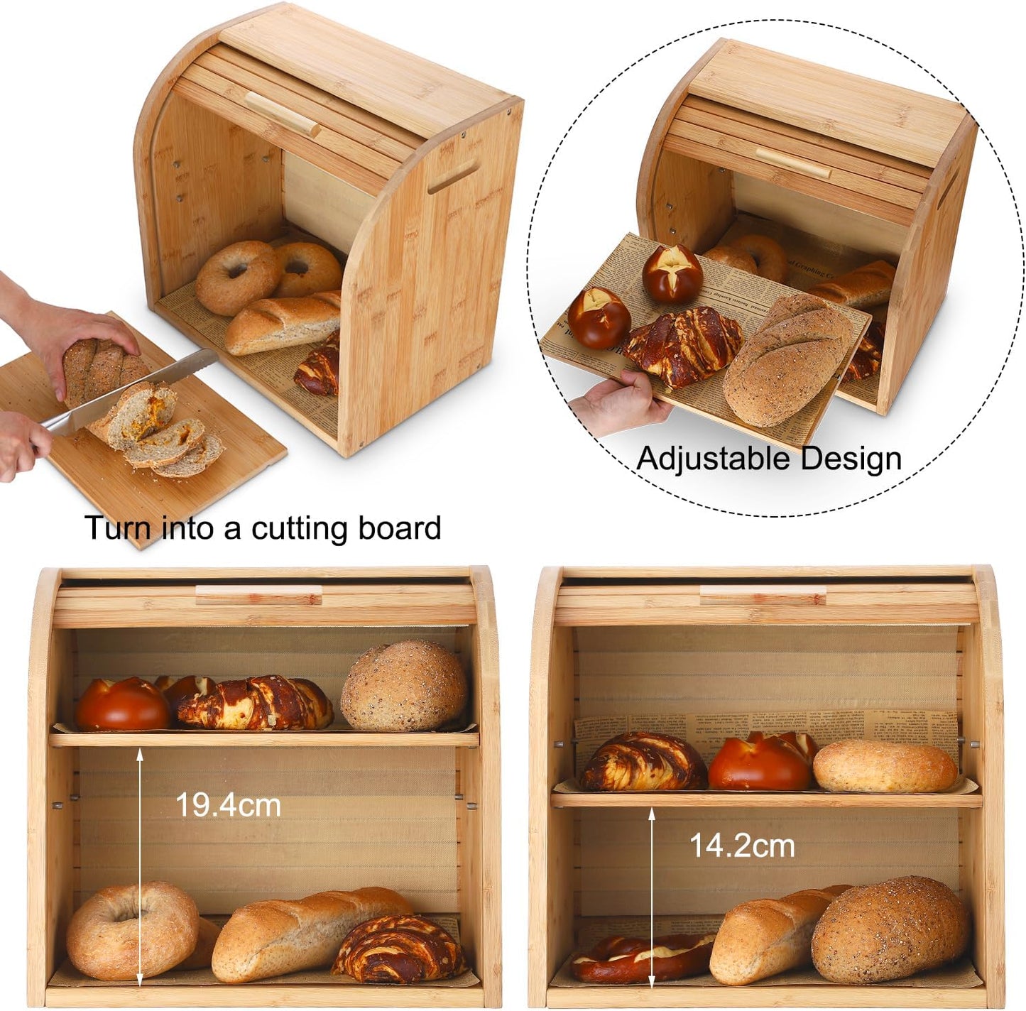 G.a HOMEFAVOR Bread Box, 2 Layer Bamboo Bread Boxes for Kitchen Food Storage, Large Capacity Bread Keeper Roll Top with