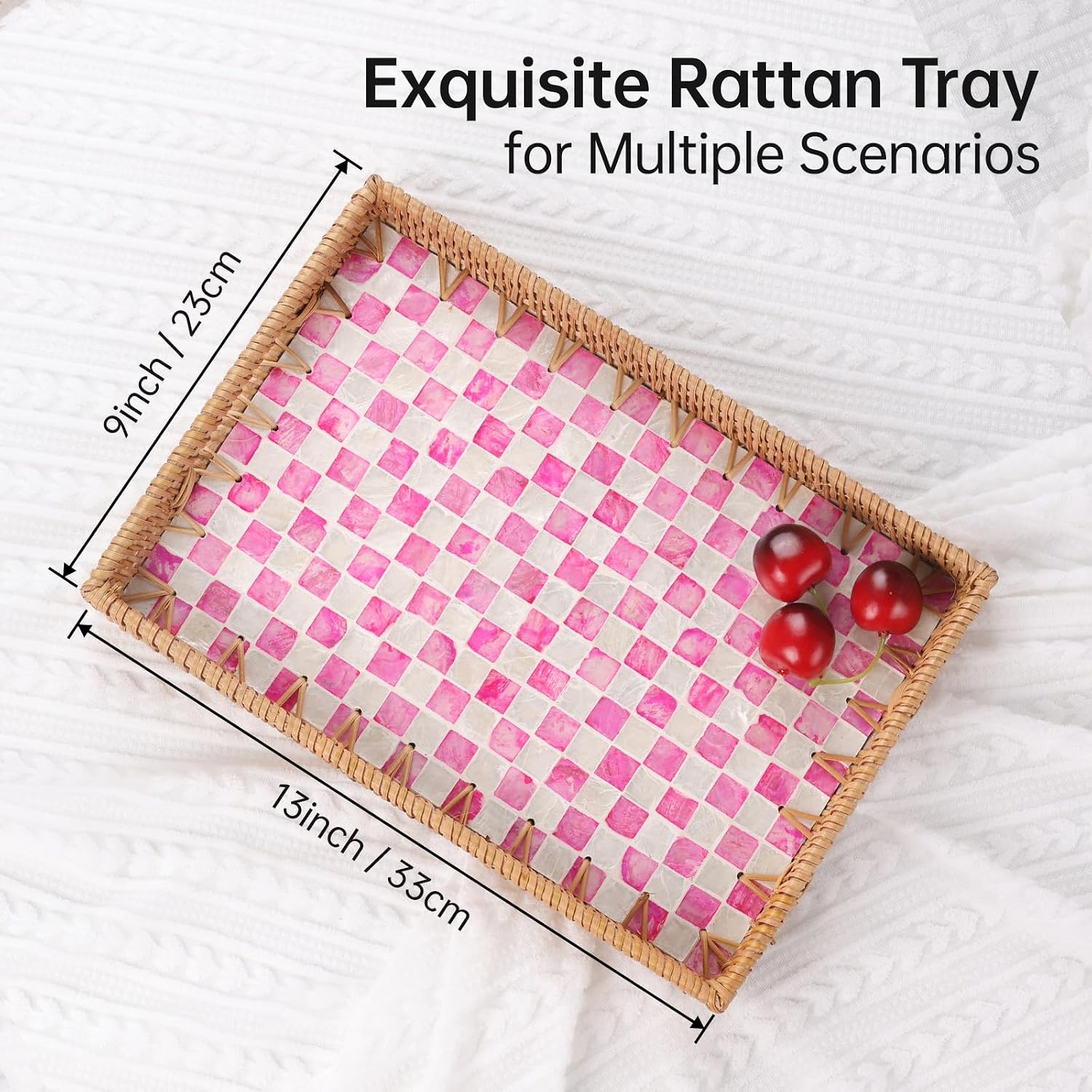 Rattan Serving Tray / Pink Checkerboard