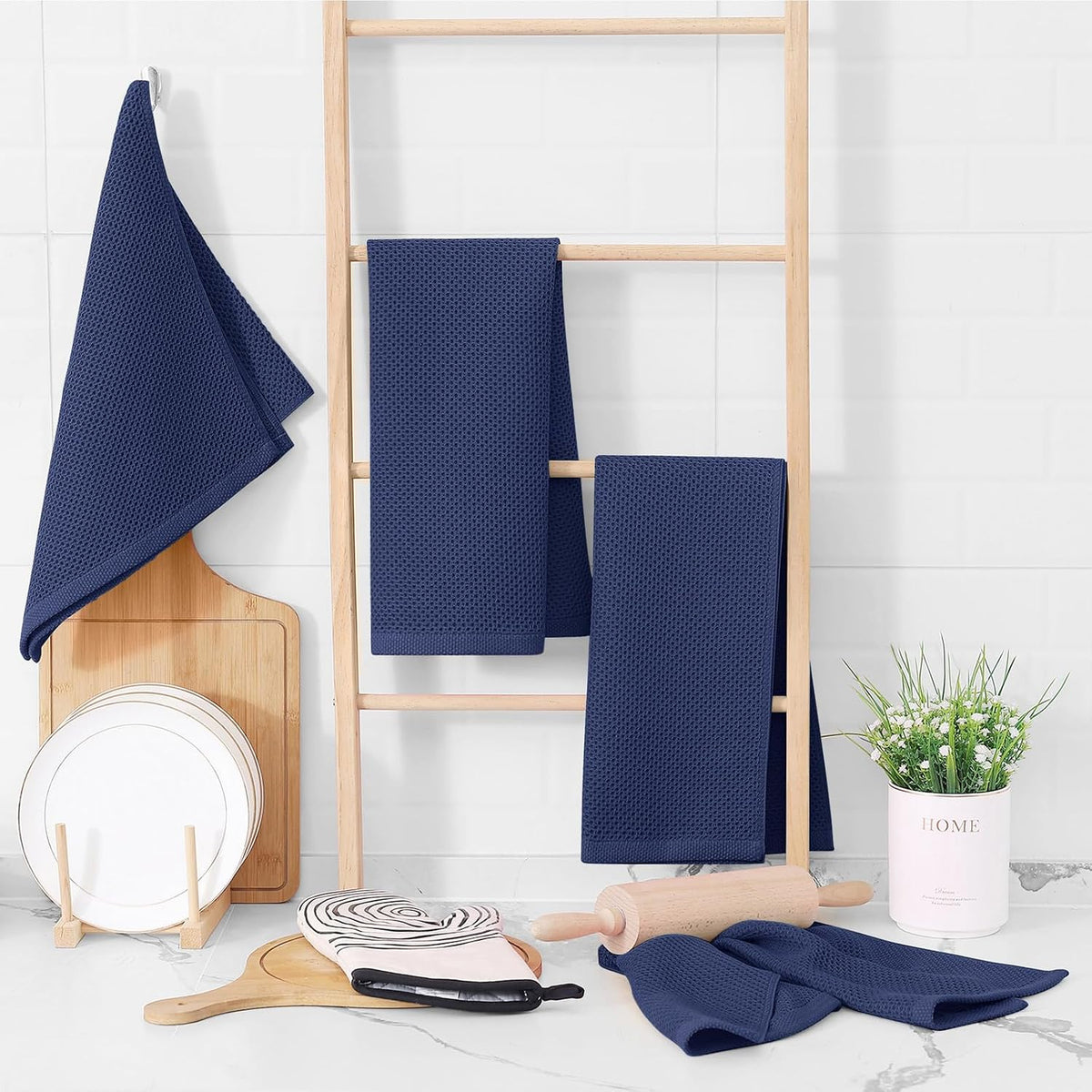 Homaxy 100% Cotton Waffle Weave Kitchen Dish Towels 6-Pack, Dark Navy | 13 x 28 Inches, Ultra Soft Absorbent Dish