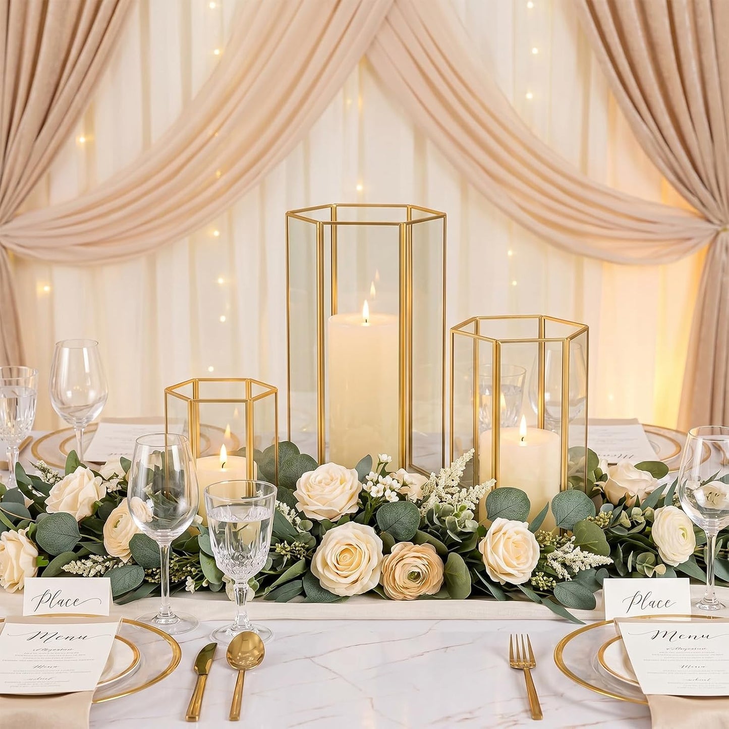 Gold Glass Hurricane Candle Holder Set of 3 Large Clear Hexagon Lanterns | Pillar Candle Lantern with Gold Metal Frame