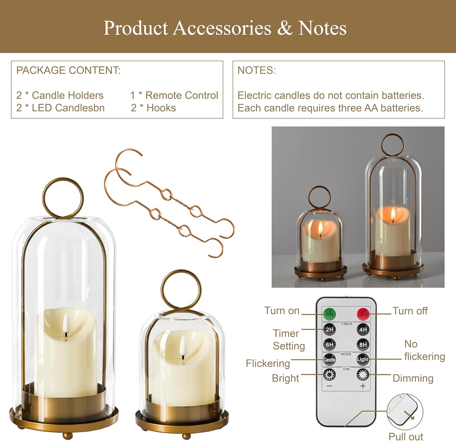 5"&4" Metal Candle Holder with Handmade Glass Dome in Brass & 2 Timer Candles, Set of 2 Versatile Hurricane Glass