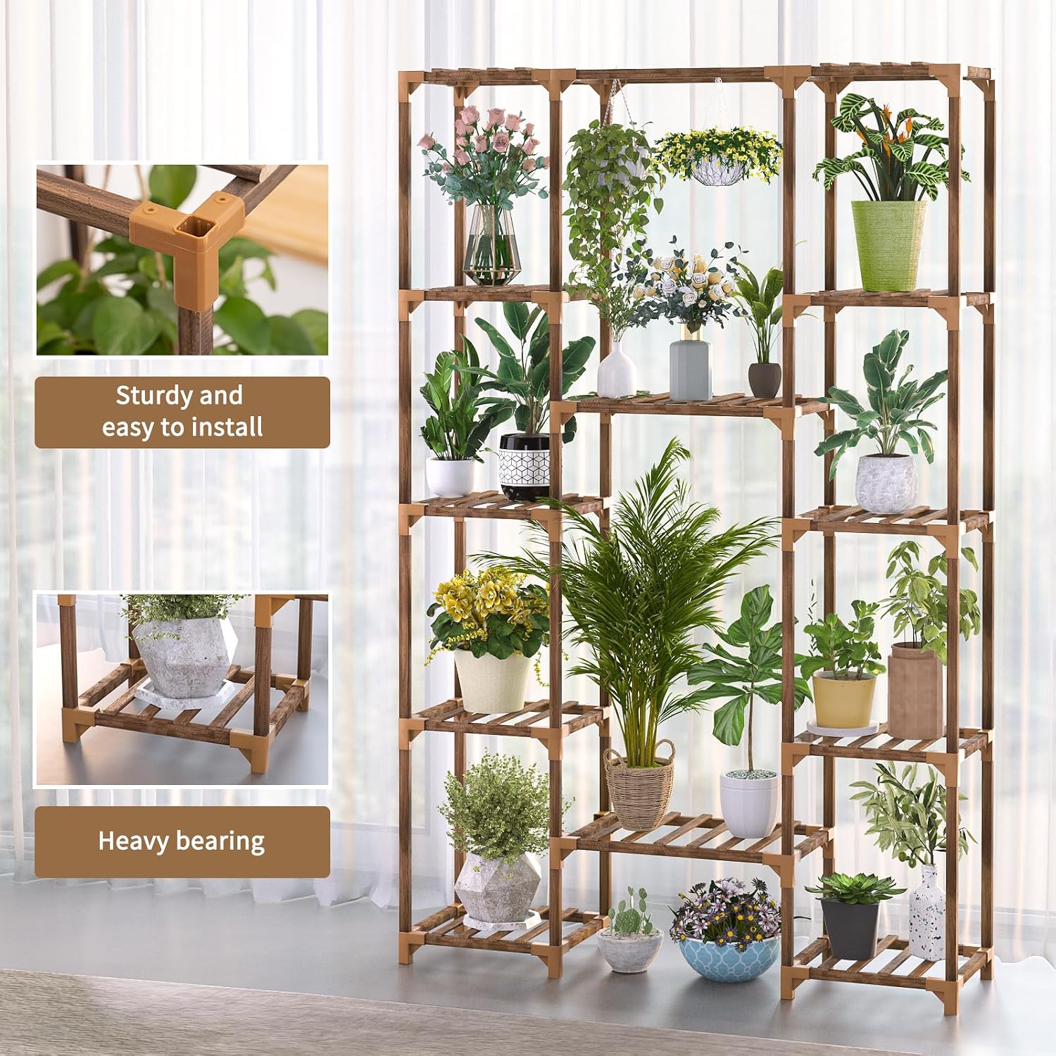 Plant Stand Indoor Outdoor, 12 Tiered Plant Shelf Wood Plant Rack | Tall Plant Holder for Multiple Plants, Large Ladder