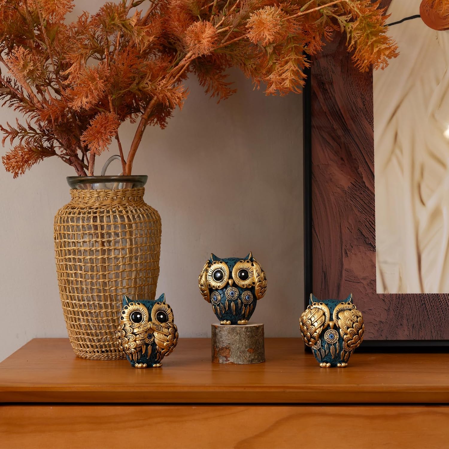 Decorative See No Evil Hear No Evil Speak No Evil Owl Figurines / Blue / Set of 3