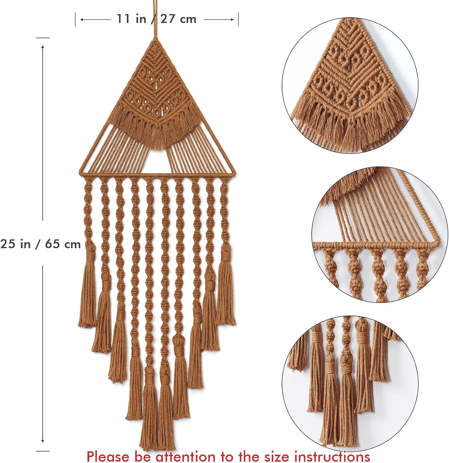 Macrame Woven Wall Hanging Dream Catcher Triangle Tassel Geometric Art Boho Backdrop / Brown