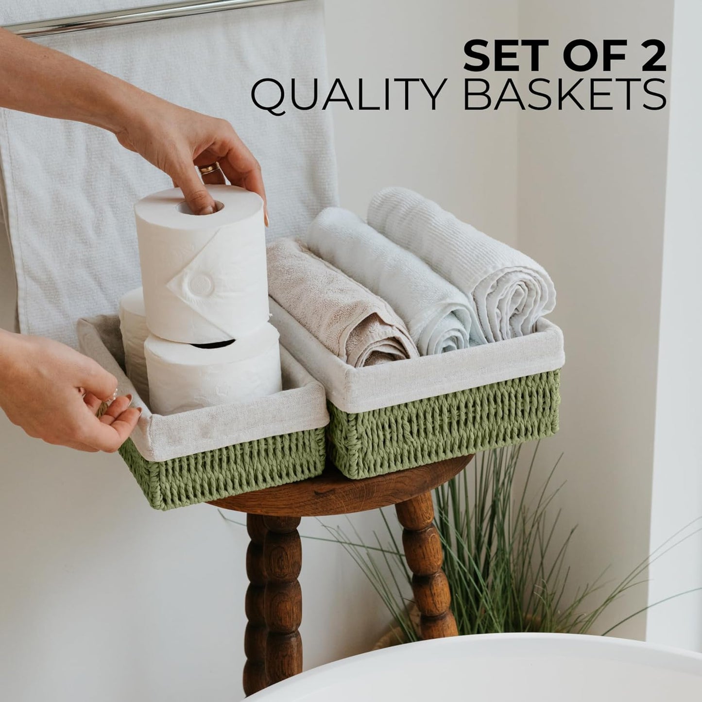 Decorative Wicker Bathroom Organizer for Toilet Tank Trays / Sage / Set of 2