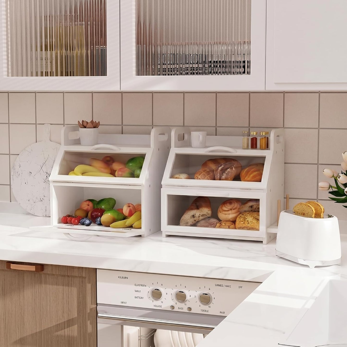 BAMBANG Bread Box for Kitchen Countertop, Extra Large Double Layer Bamboo Breadbox with Clear Window, Farmhouse Wooden