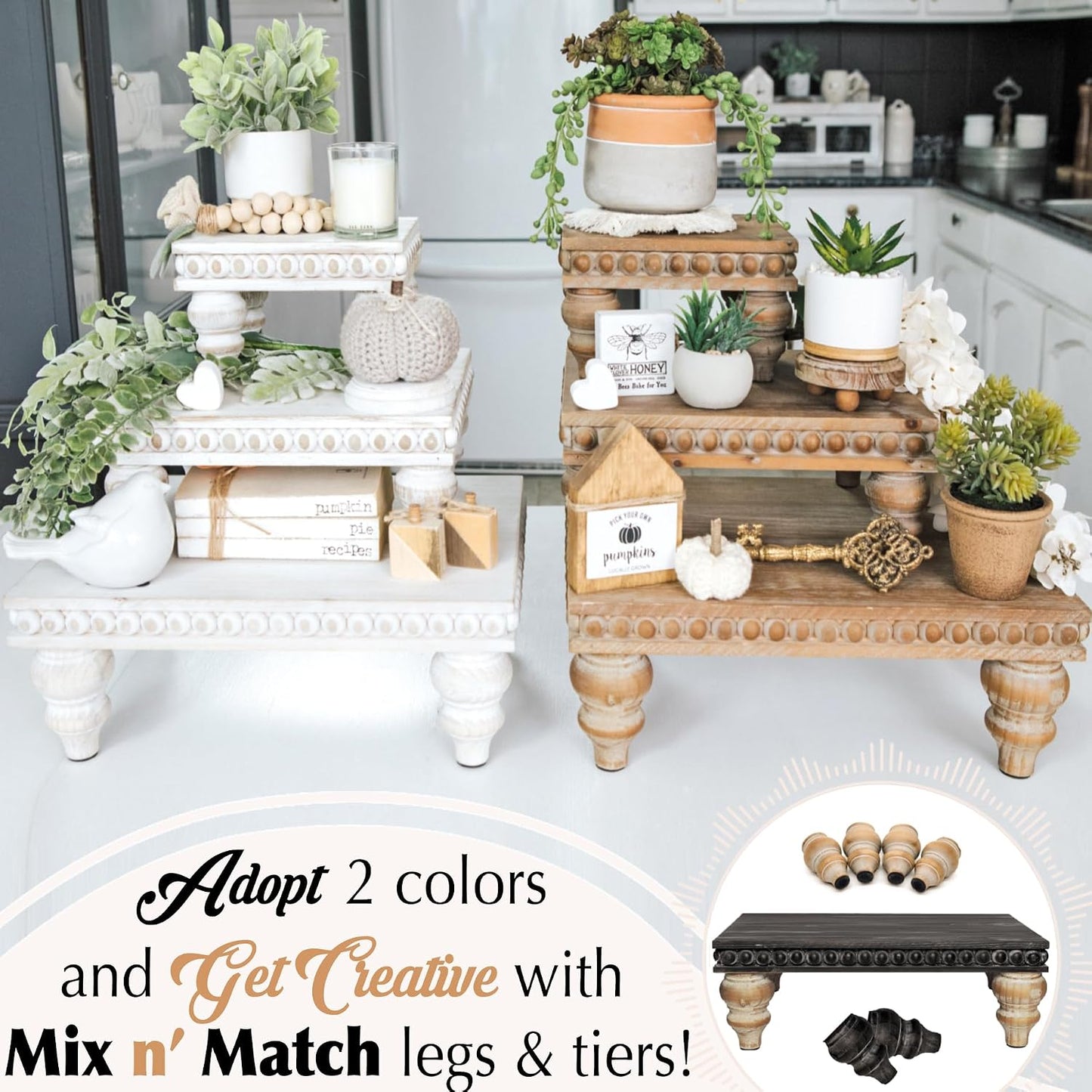 Wooden Riser [Set of 3] Premium Farmhouse Risers | Beaded Wood Risers for Display | Handmade Wooden Risers for Decor
