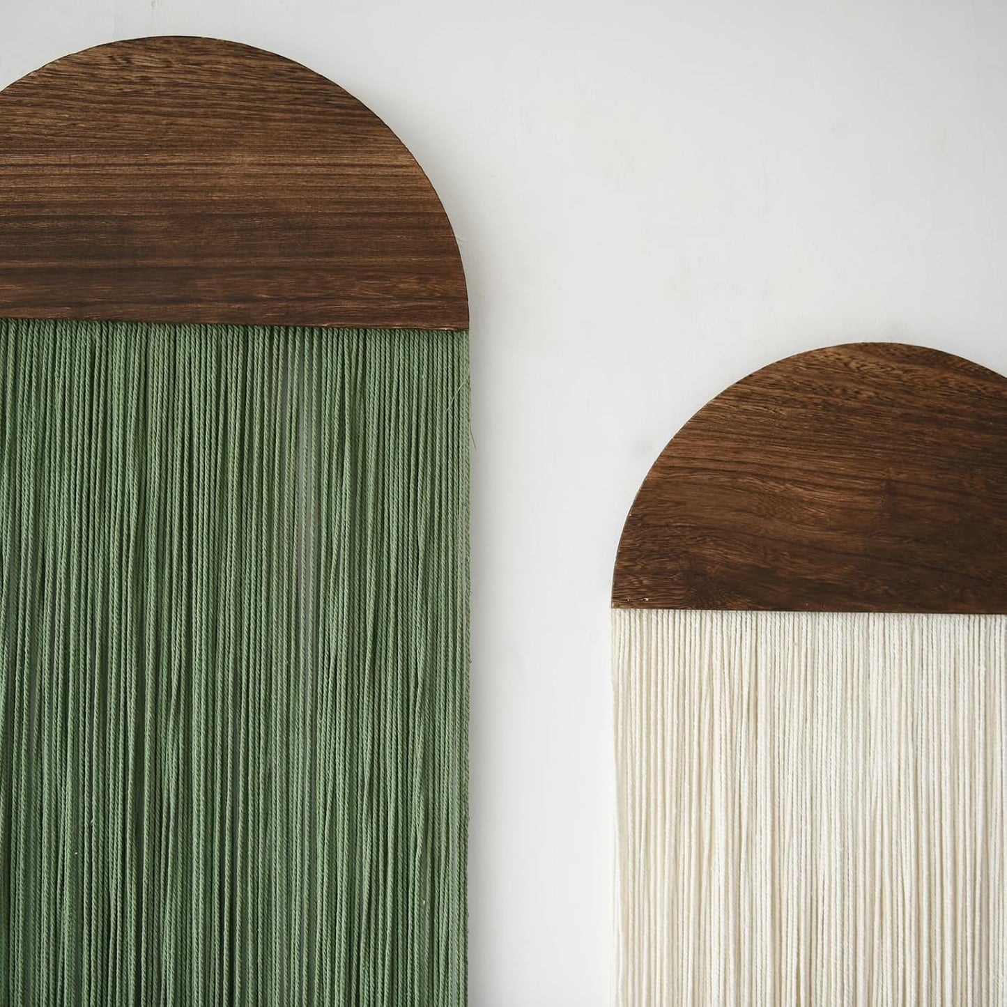 Macrame Wall Hanging Boho Decor Wall Tapestry Handmade Round Tassel / Ivory and Green / Set of 2