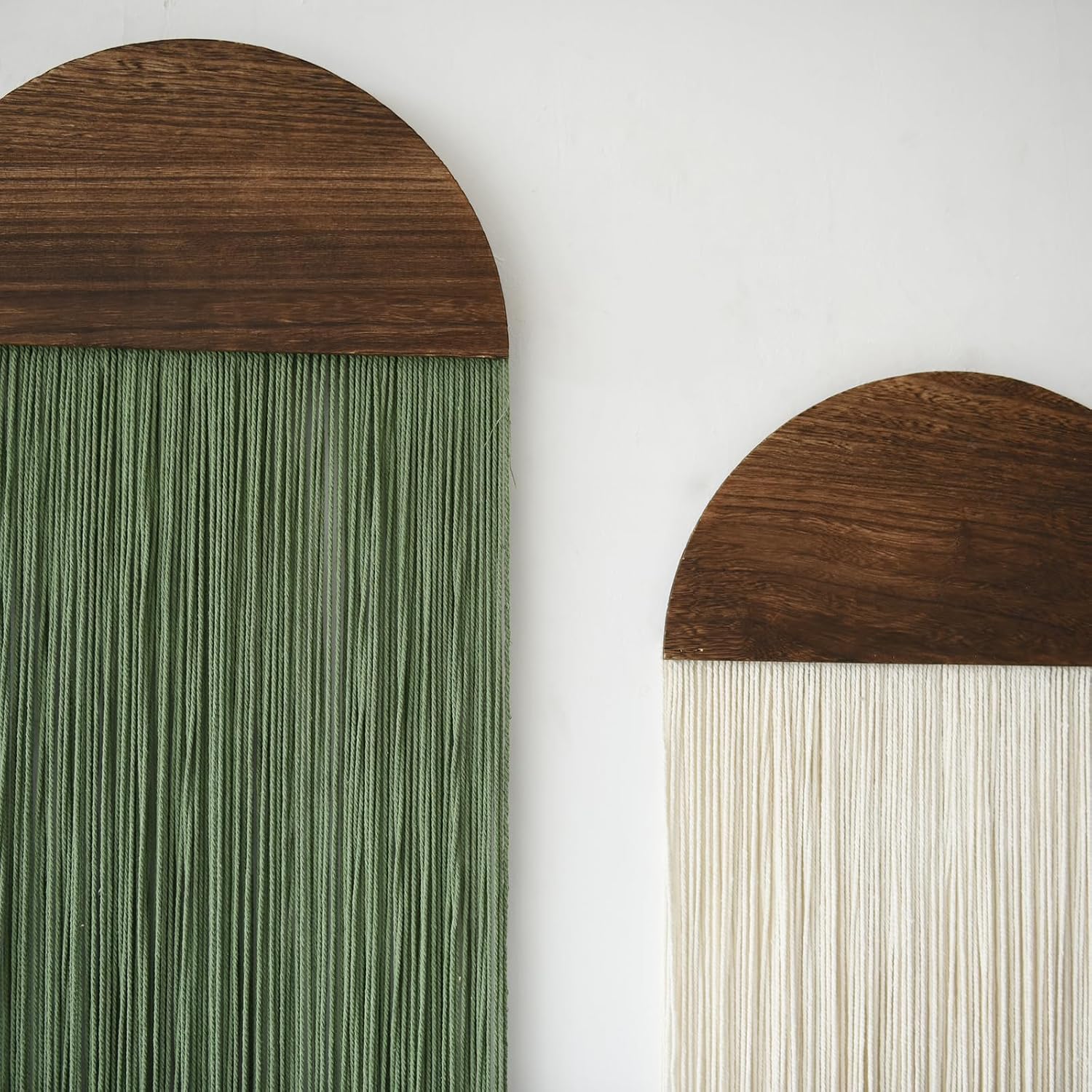 Macrame Wall Hanging Boho Decor Wall Tapestry Handmade Round Tassel / Ivory and Green / Set of 2