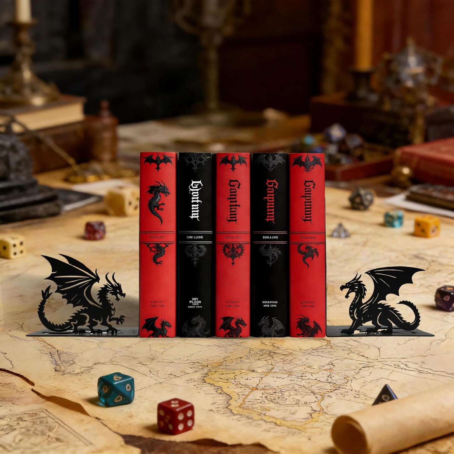 Book Ends / Iron Gothic Decorative Bookends / Dragon / Matte Black