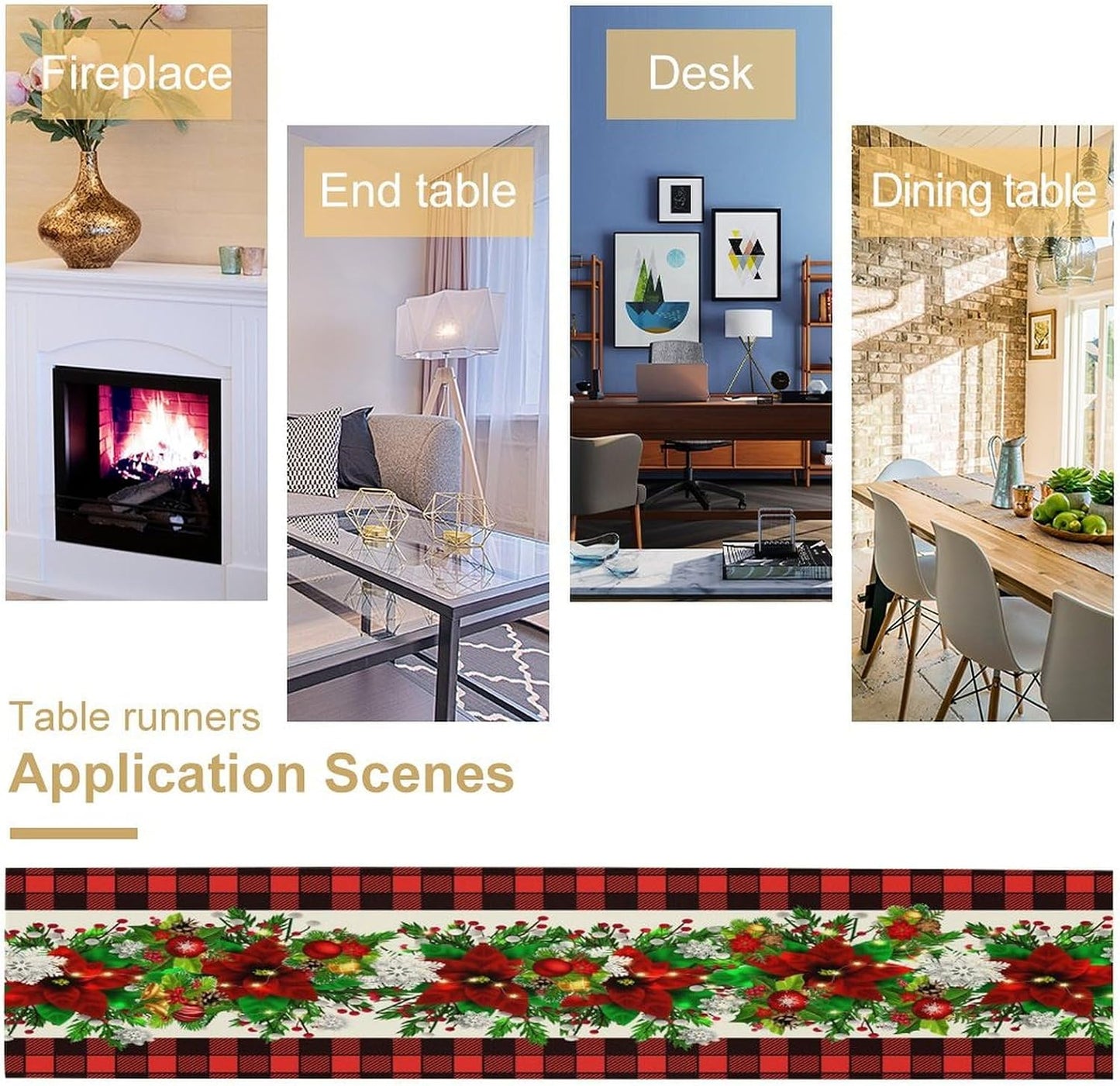Christmas Linen Table Runner, Red and Black Buffalo Plaid Winter Xmas Holiday Farmhouse Style Patterns Printed Linen
