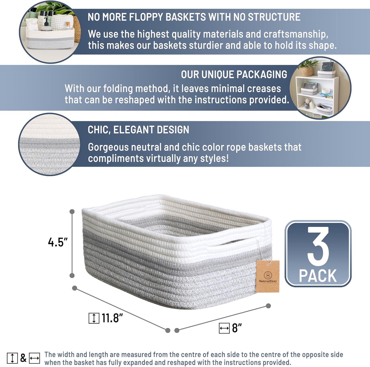 Cotton Rope Woven Small Baskets / Off White & Gray & Mixed Gray / 11.8 x 8 x 4.5 / Set of 3