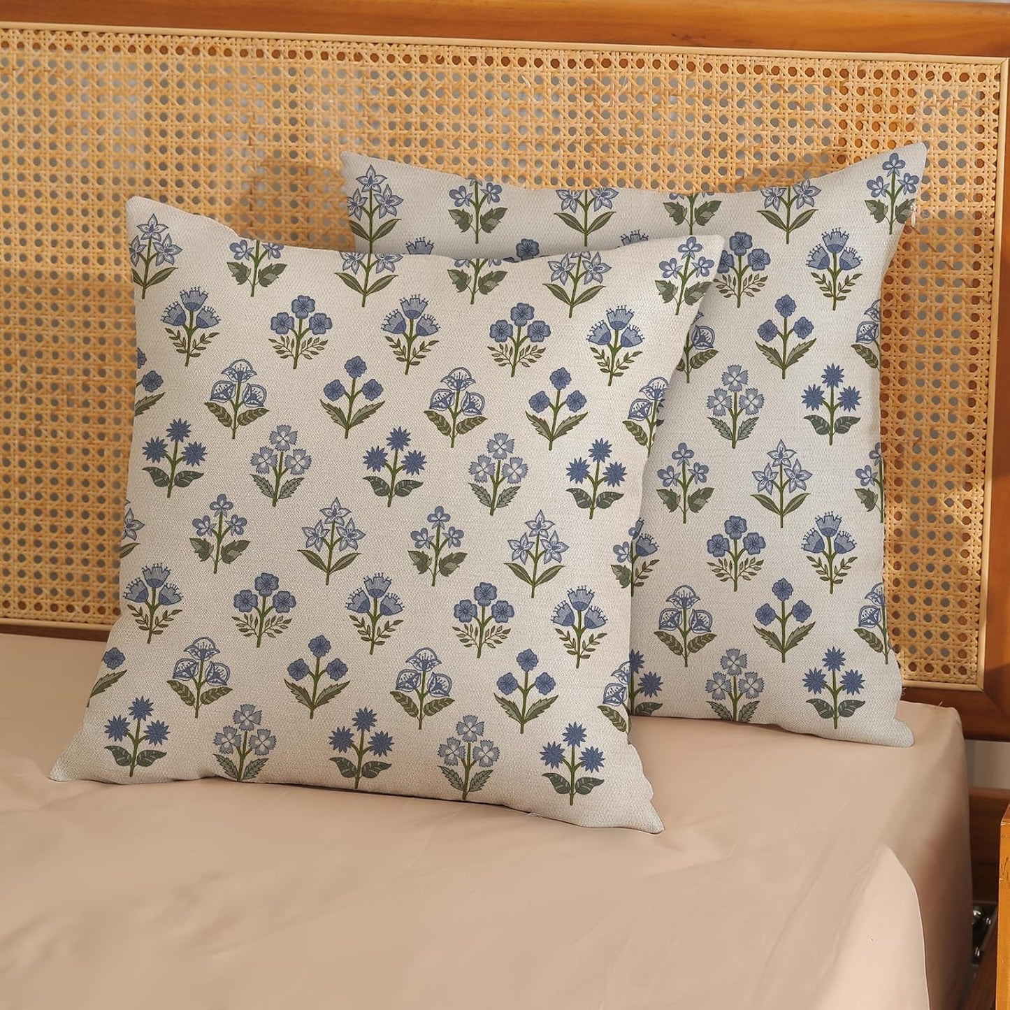 Blue Green Pillow Covers Block Print Vintage / 18 x 18 / Blue Green Block Print Floral / Set of 2