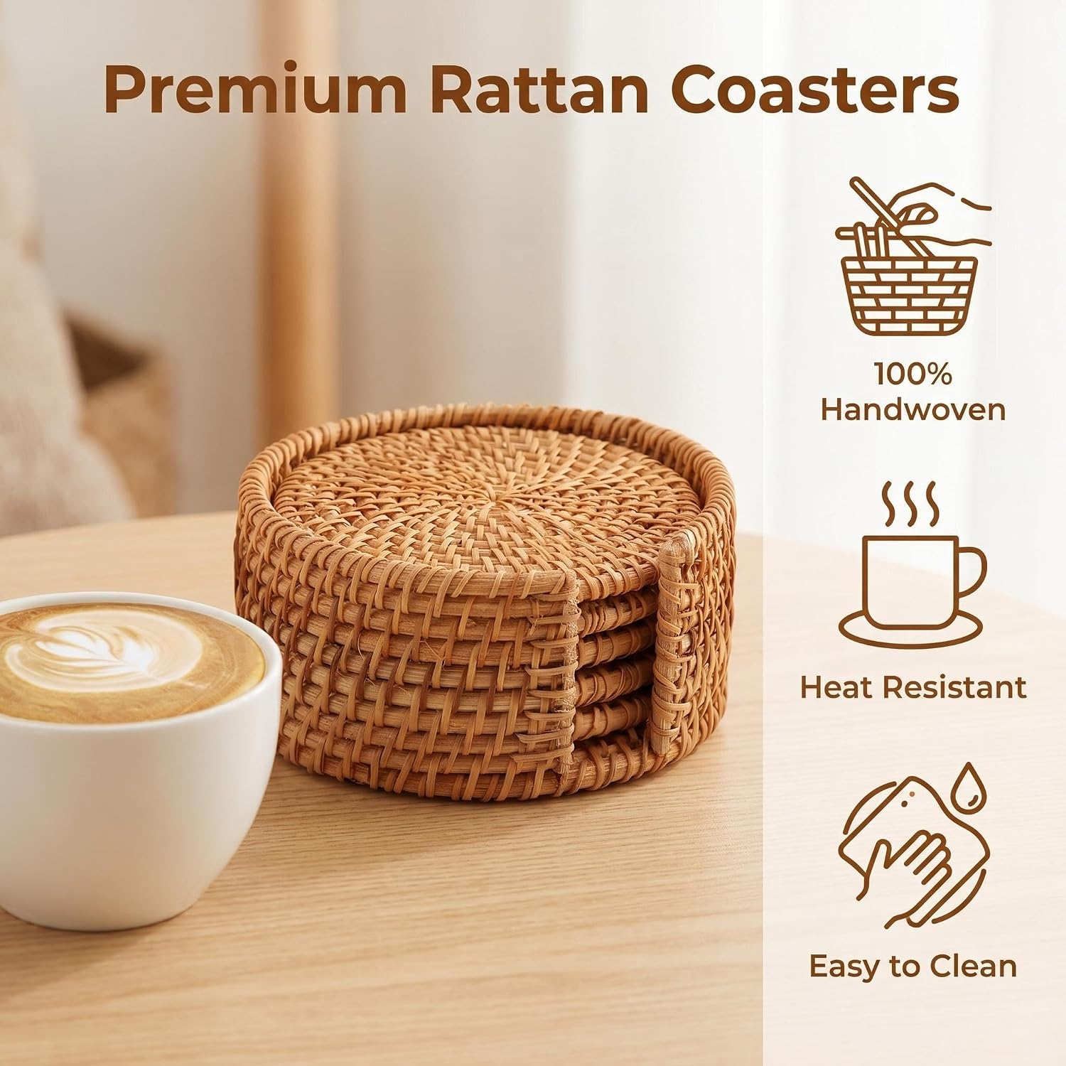 Holder｜ Wicker Drink Coasters Set for Protecting Table｜Boho Table / Natural / 4 Inch / Set of 6