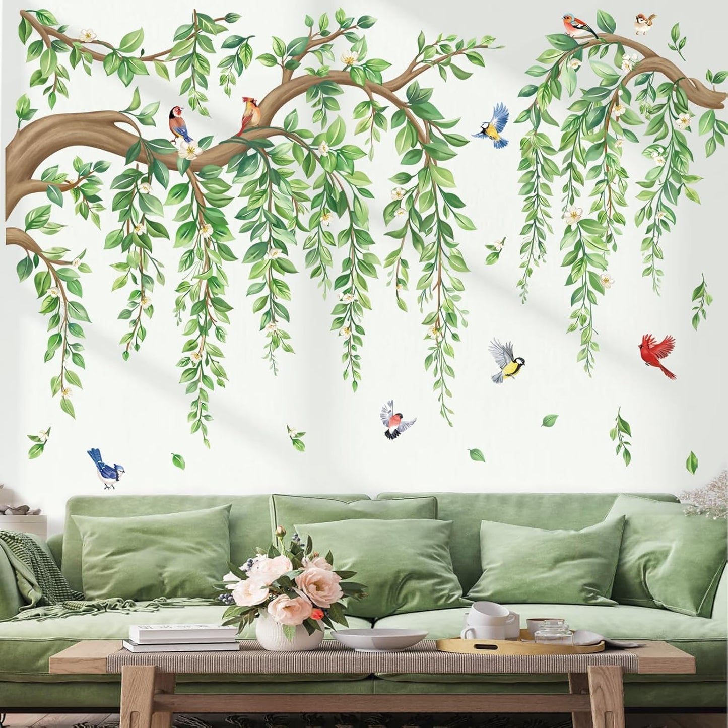 Large Tree Branch Hanging Vine Wall Stickers Leaf Flower Birds Peel and Stick Wall Art / Green