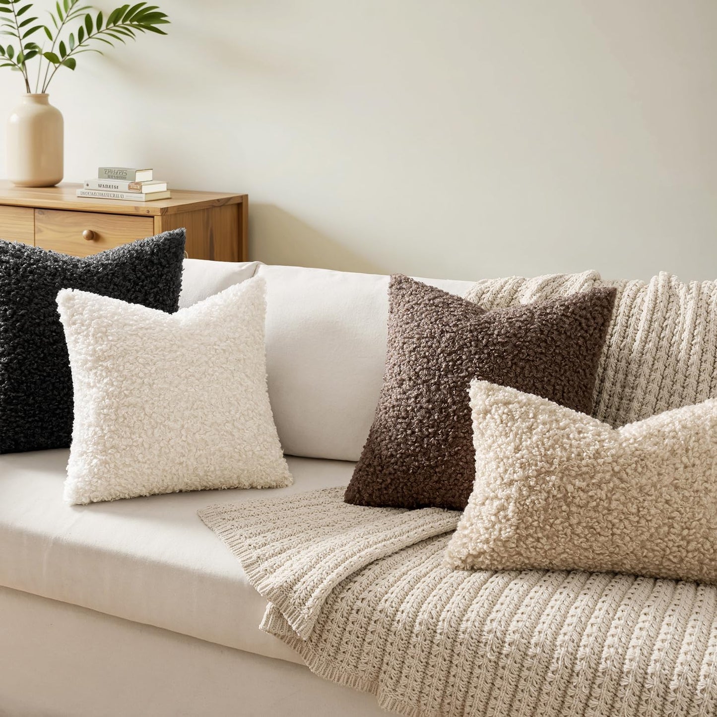 Faux Fur Throw Pillow Covers Boucle Neutral Decorative Sherpa Fuzzy / 18 x 18 / Black / Set of 2
