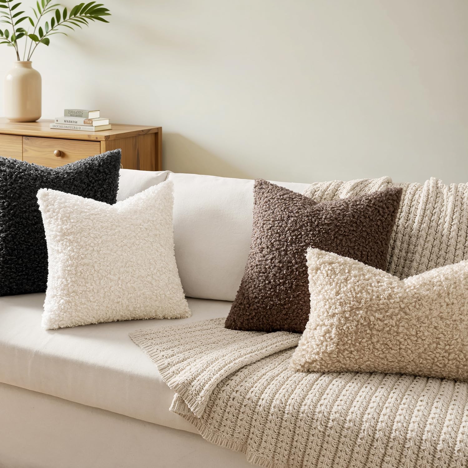 Faux Fur Throw Pillow Covers Boucle Neutral Decorative Sherpa Fuzzy / 18 x 18 / Black / Set of 2