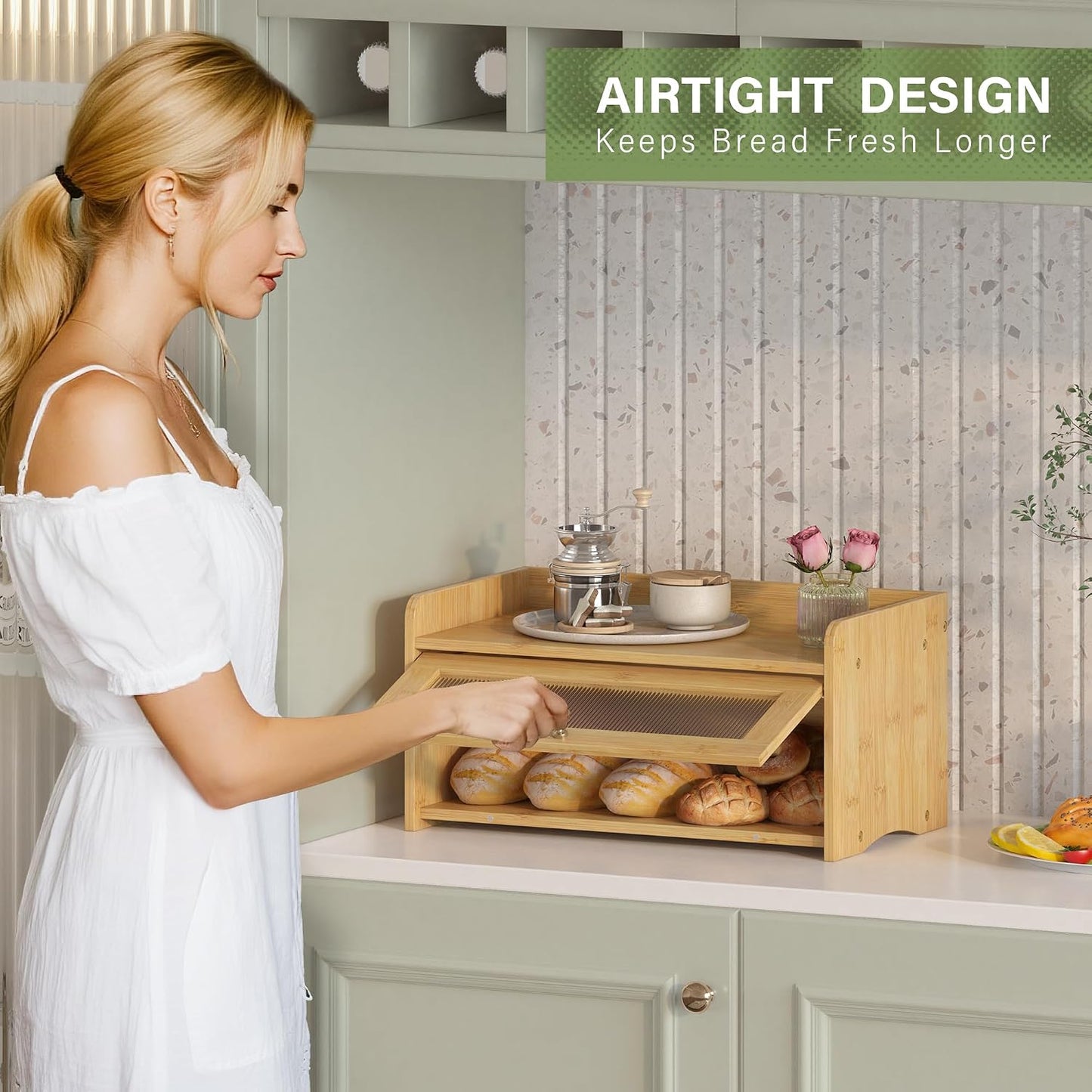 JANSNIMEN Vintage Bread Box for Kitchen Countertop, Bread Container Storage, Wooden Farmhouse Bread Box with Window