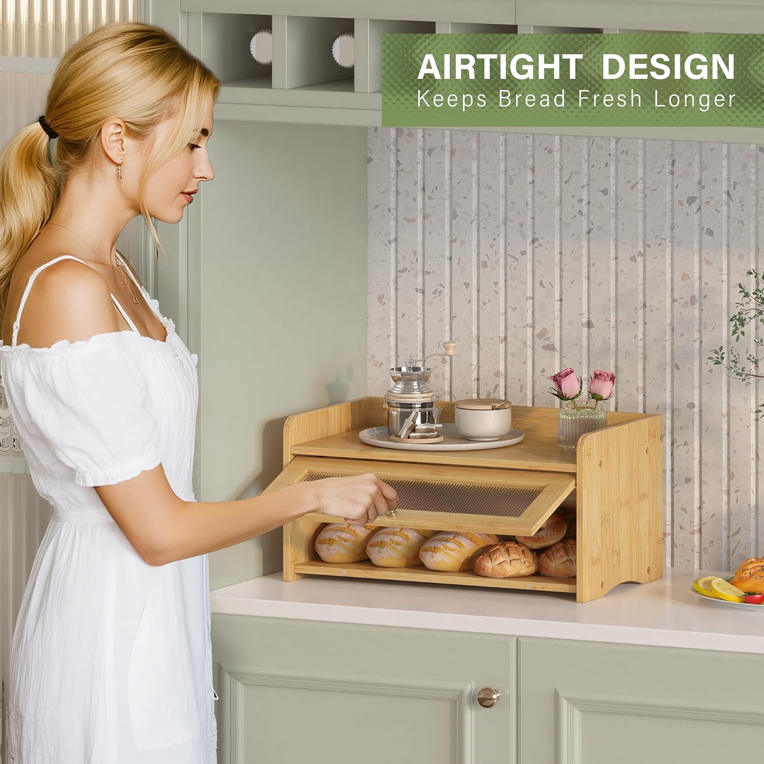 JANSNIMEN Vintage Bread Box for Kitchen Countertop, Bread Container Storage, Wooden Farmhouse Bread Box with Window
