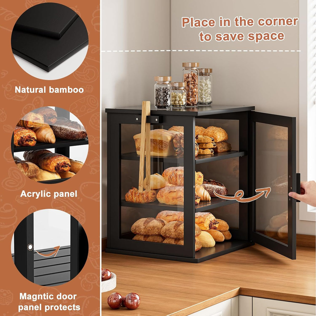 WOWLIVE Bread Box for Kitchen Countertop, 3 Layers Bread Storage Container | Large Bamboo Bread Bin for Homemade Bread