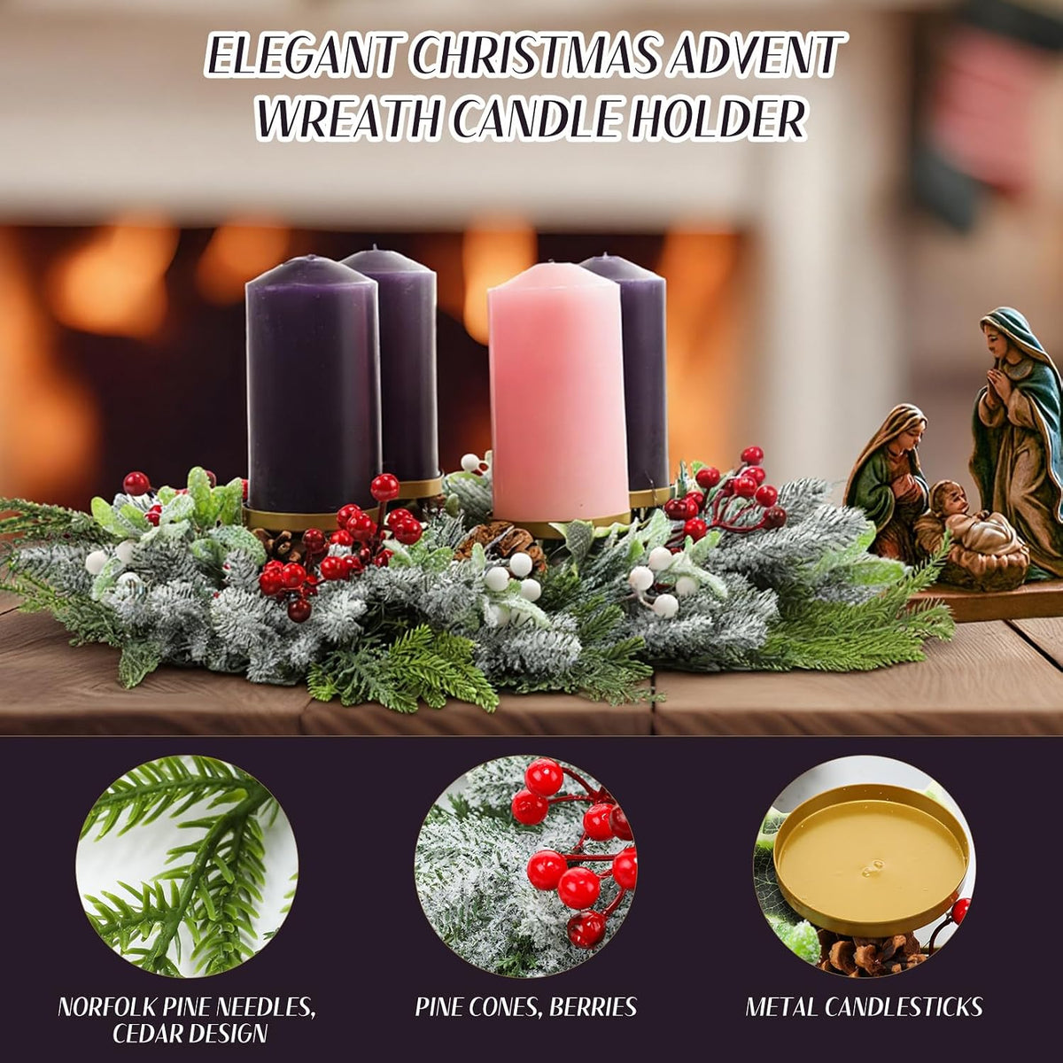 Reallnaive Large Christmas Advent Wreath Candle Holder with Norfolk Pine, Cedar, Mistletoe 19 Inch Rustic Advent