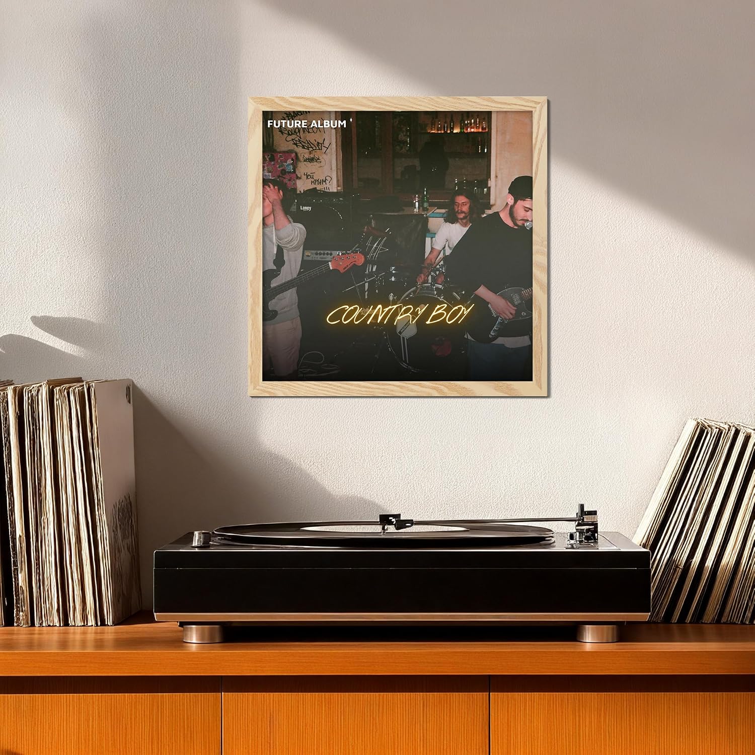 eletecpro Vinyl Record Frame, 12.5 x 12.5 in, Wood Beige, 4 Pack | Fits 12x12 LP and Album Cover, Easy Wall Mount
