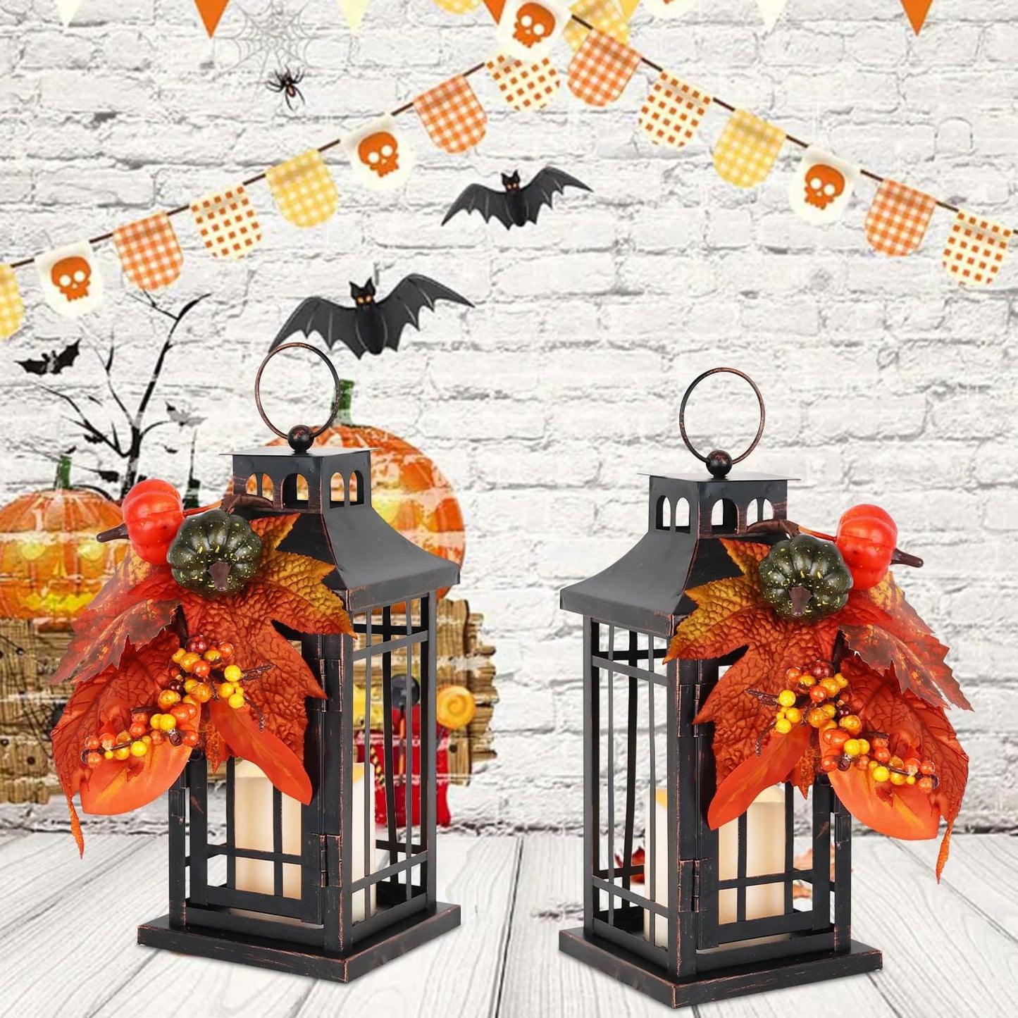 Set of 2 Fall LED Candle Lantern Decorative Indoor & Outdoor, 11" Fall Hanging Lanterns with LED Candles, Metal Outdoor